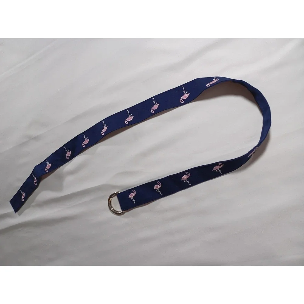 Flamingo Belt‎ Mens Medium Navy Blue D Ring Embroidered Web Preppy Casual